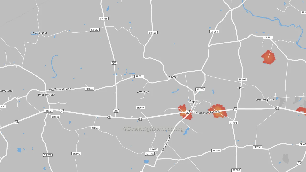 Walk Grade map of 23829, VA, walkable areas in green and car-dependent areas in red