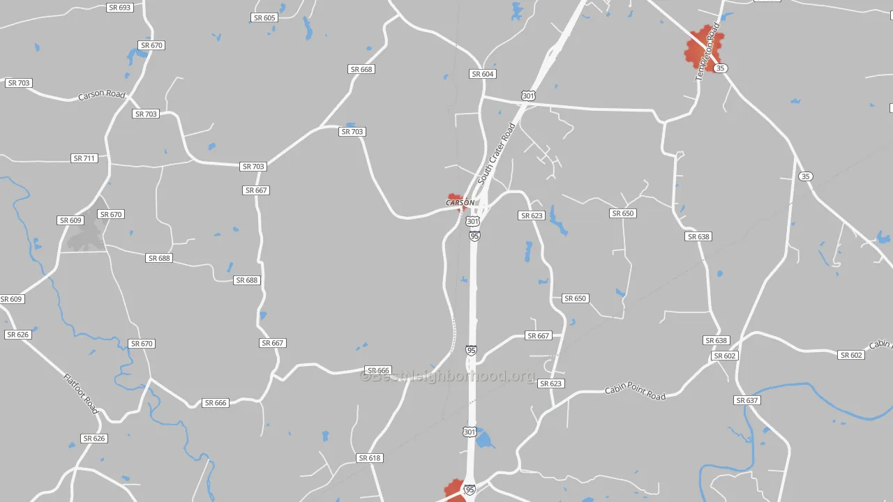 Walk Grade map of 23830, VA, walkable areas in green and car-dependent areas in red