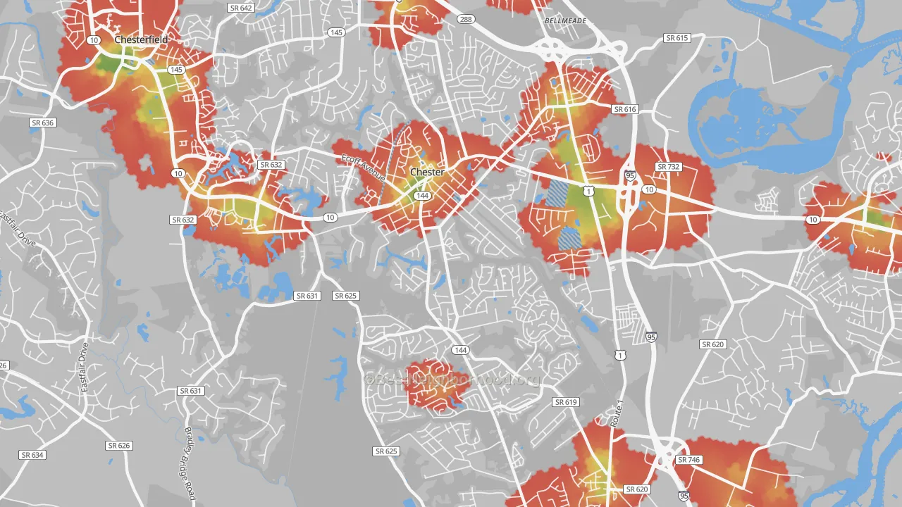 Walk Grade map of 23831, VA, walkable areas in green and car-dependent areas in red