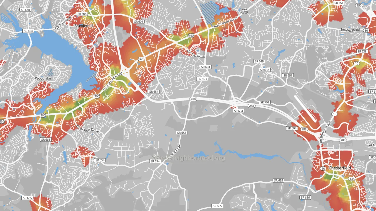 Walk Grade map of 23832, VA, walkable areas in green and car-dependent areas in red