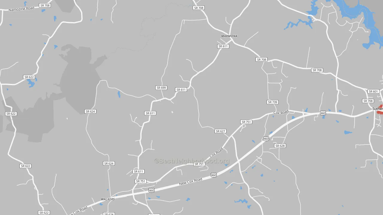 Walk Grade map of 23833, VA, walkable areas in green and car-dependent areas in red