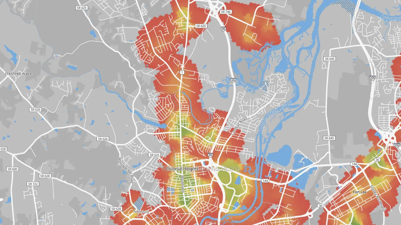 Walk Grade map of 23834, VA, walkable areas in green and car-dependent areas in red