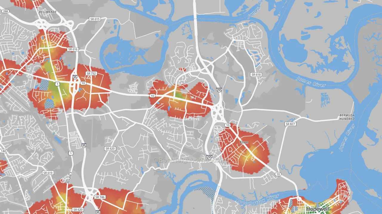 Walk Grade map of 23836, VA, walkable areas in green and car-dependent areas in red