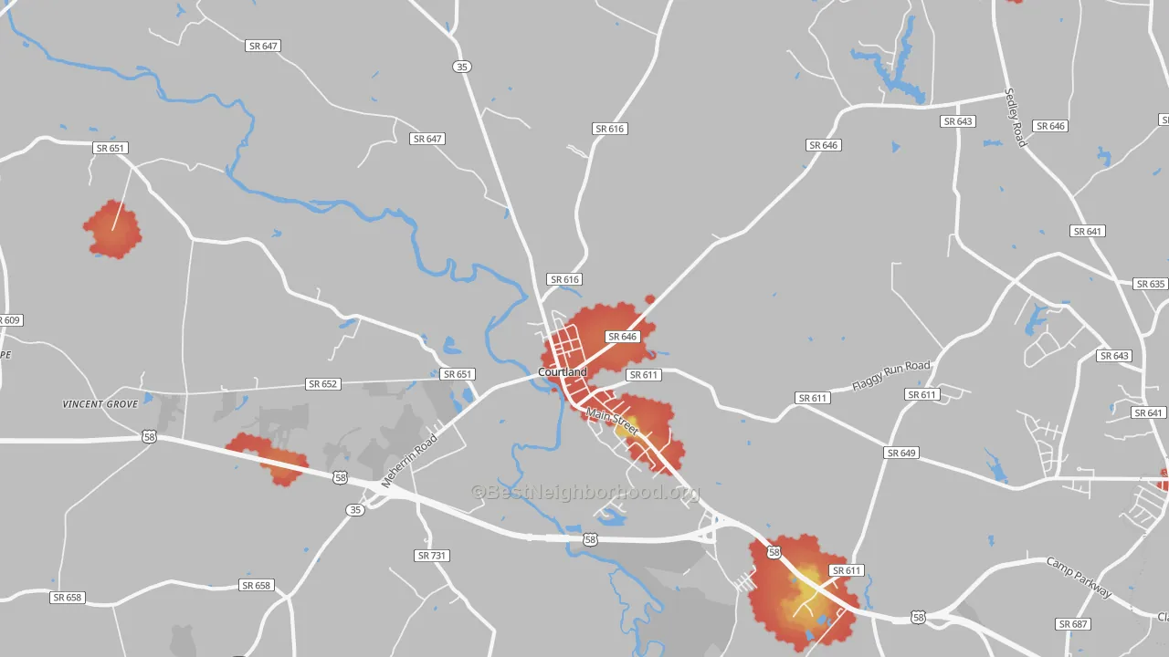 Walk Grade map of 23837, VA, walkable areas in green and car-dependent areas in red