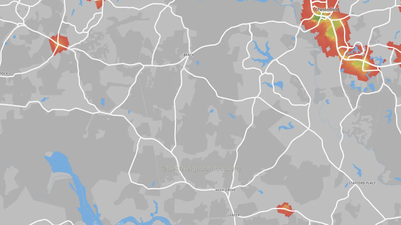Walk Grade map of 23838, VA, walkable areas in green and car-dependent areas in red