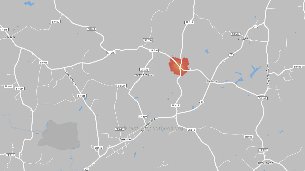Walk Grade map of 23839, VA, walkable areas in green and car-dependent areas in red