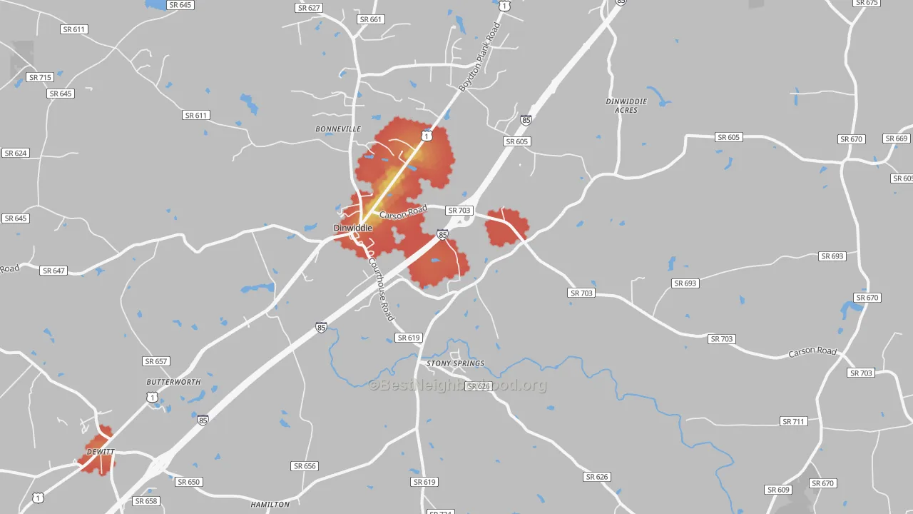 Walk Grade map of 23841, VA, walkable areas in green and car-dependent areas in red