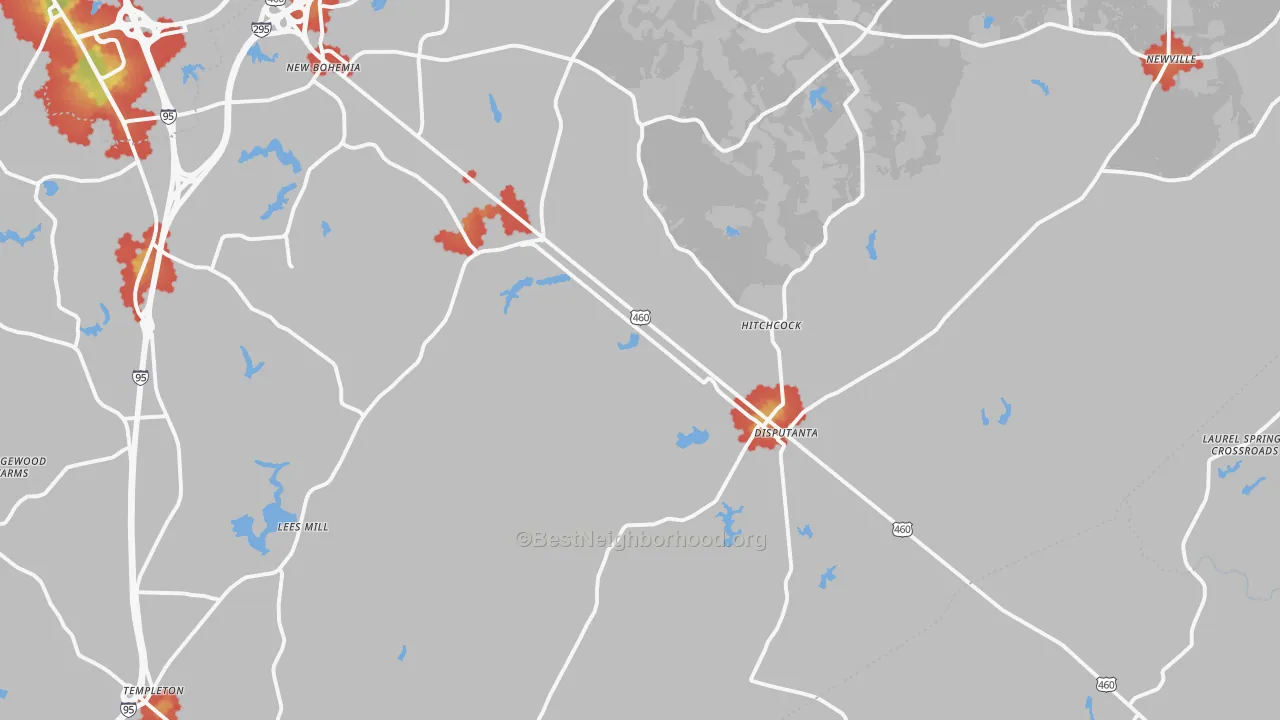Walk Grade map of 23842, VA, walkable areas in green and car-dependent areas in red