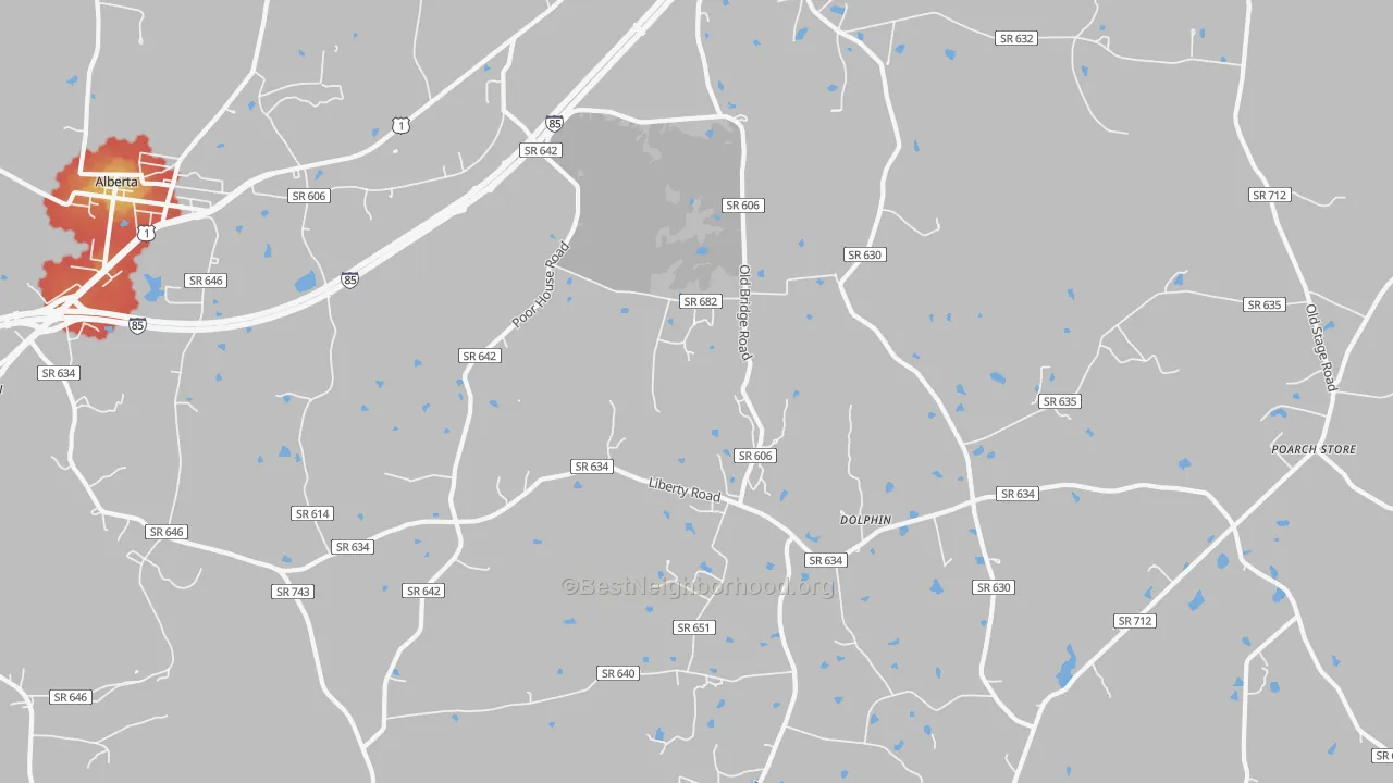 Walk Grade map of 23843, VA, walkable areas in green and car-dependent areas in red