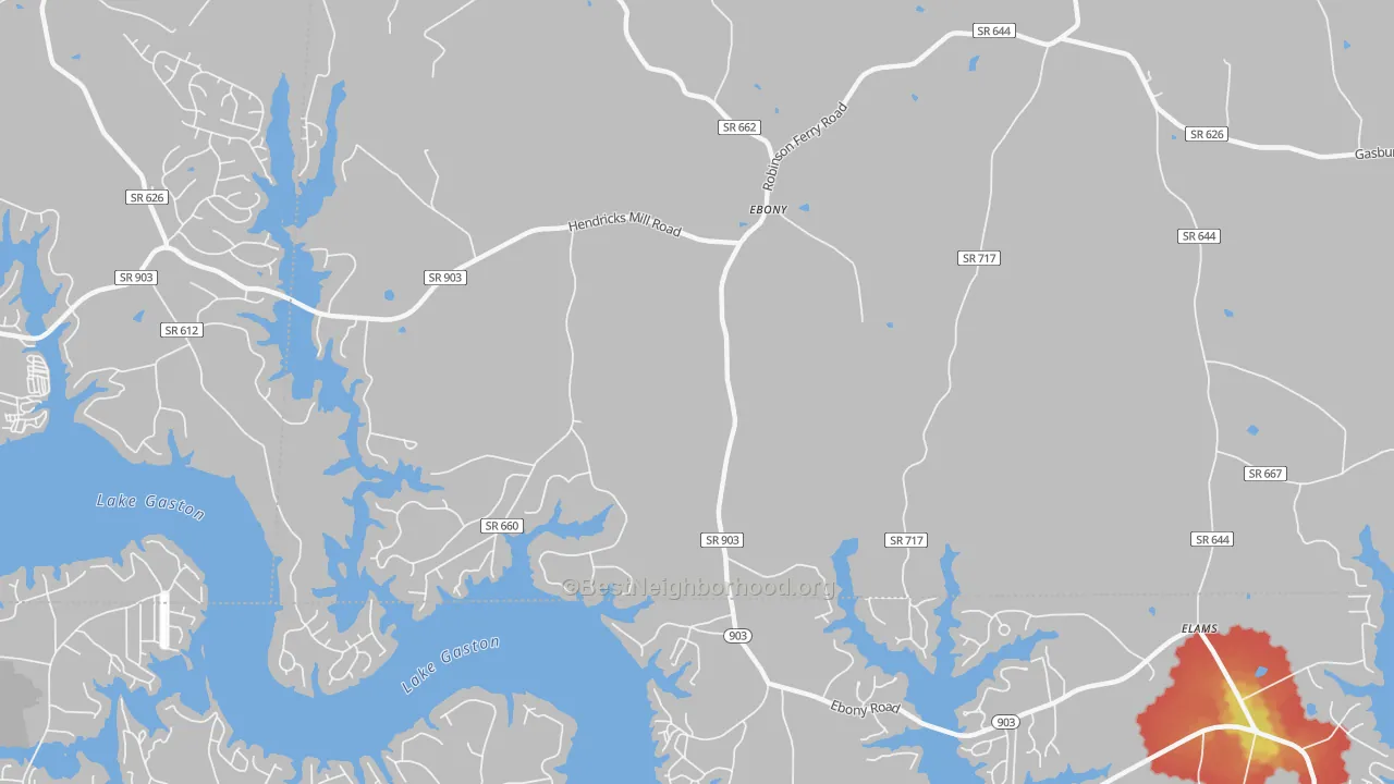 Walk Grade map of 23845, VA, walkable areas in green and car-dependent areas in red