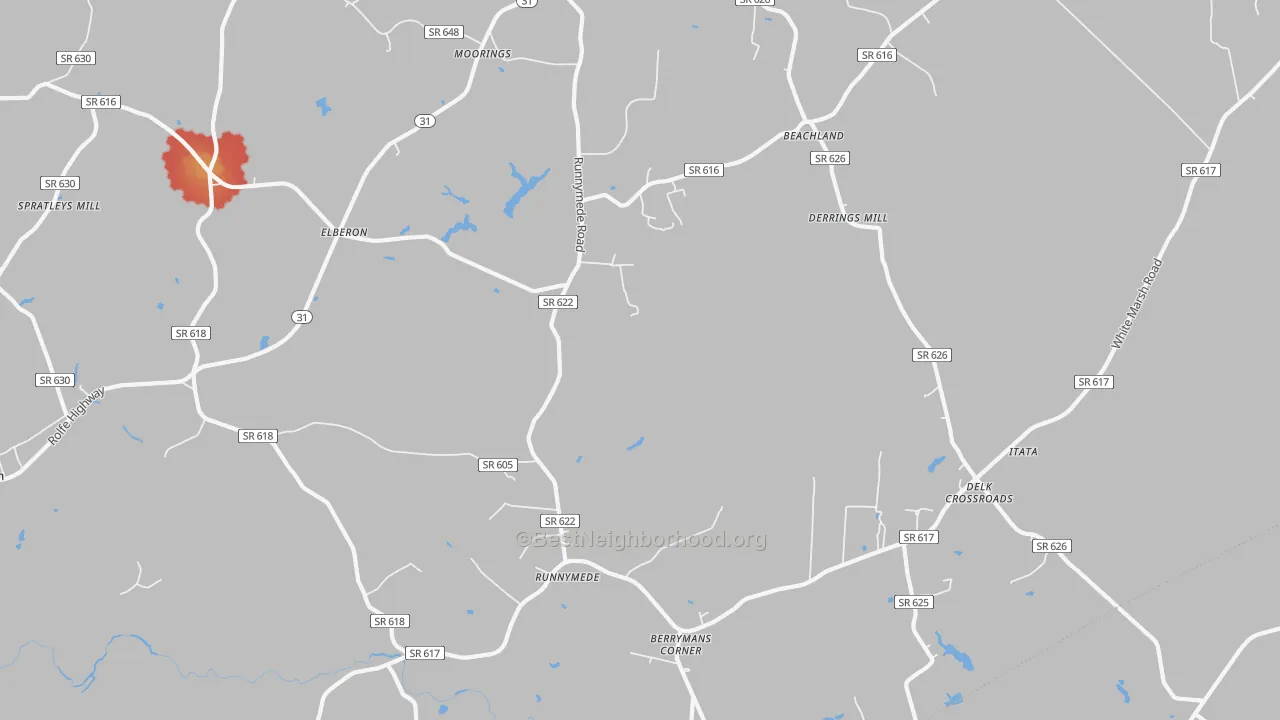 Walk Grade map of 23846, VA, walkable areas in green and car-dependent areas in red