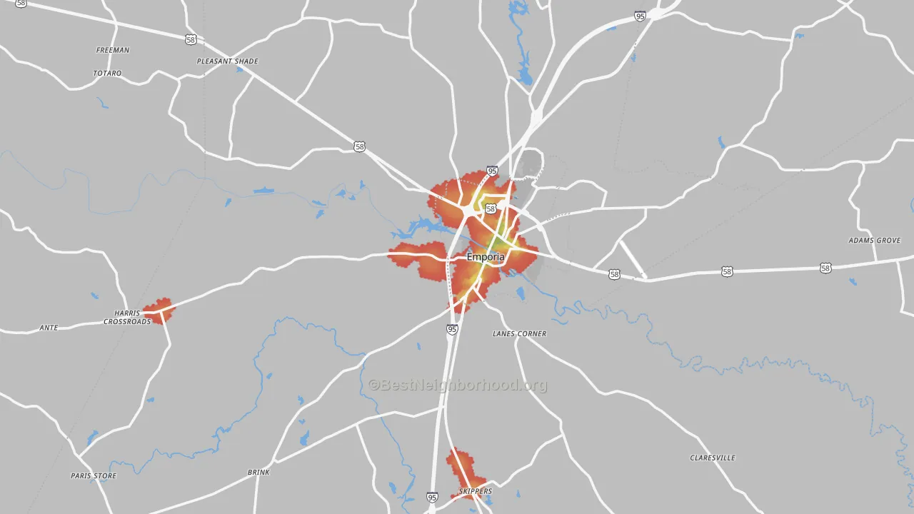 Walk Grade map of 23847, VA, walkable areas in green and car-dependent areas in red