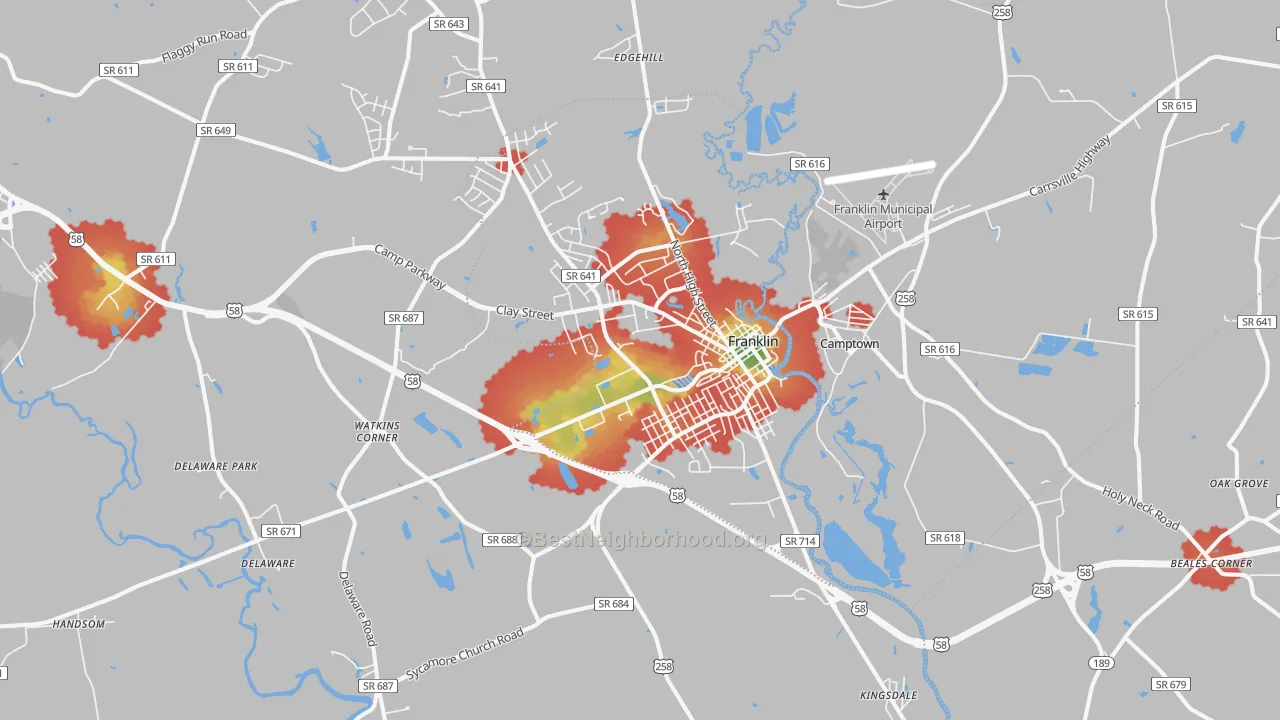 Walk Grade map of 23851, VA, walkable areas in green and car-dependent areas in red