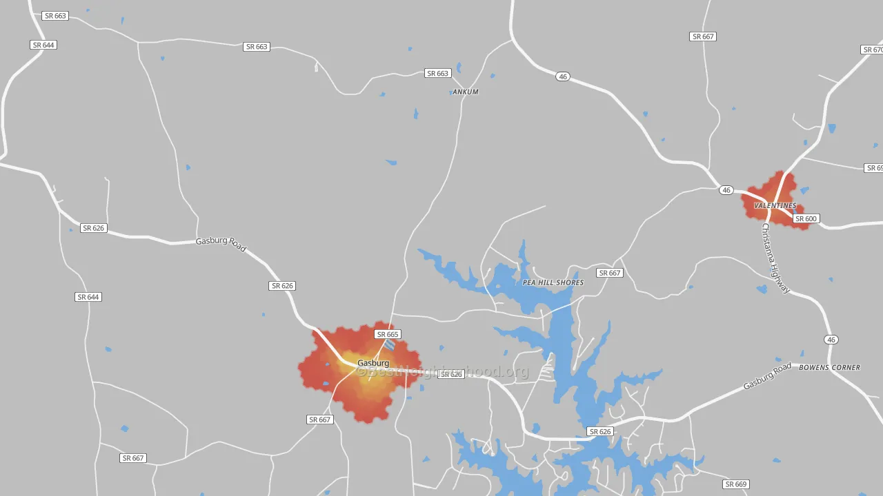 Walk Grade map of 23857, VA, walkable areas in green and car-dependent areas in red