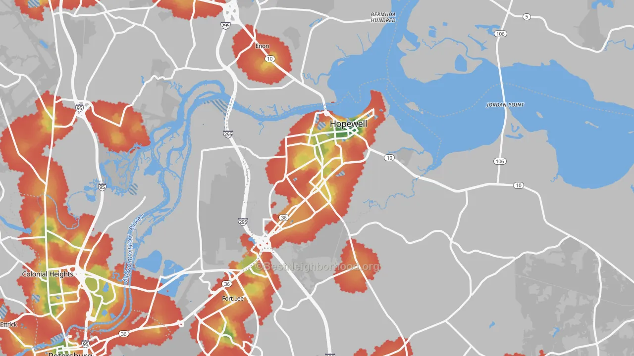 Walk Grade map of 23860, VA, walkable areas in green and car-dependent areas in red