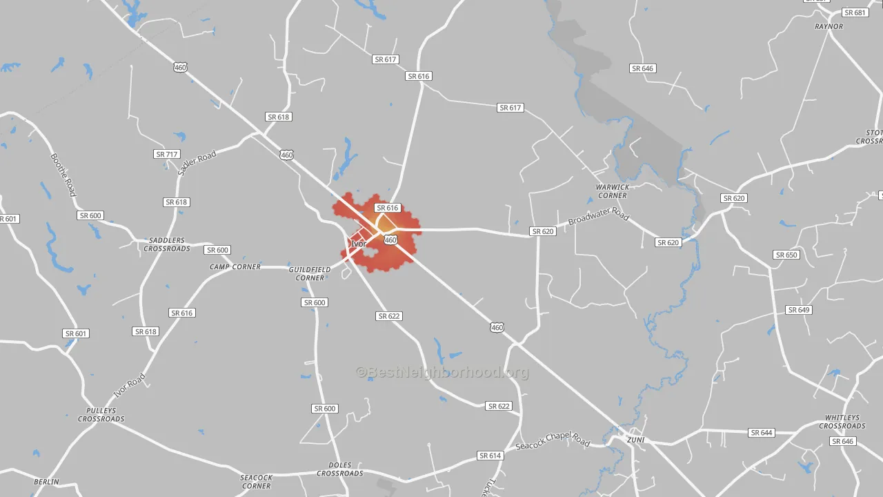 Walk Grade map of 23866, VA, walkable areas in green and car-dependent areas in red