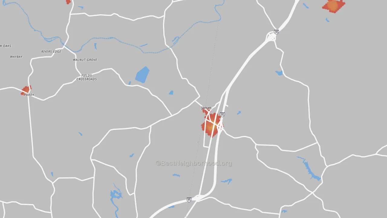 Walk Grade map of 23867, VA, walkable areas in green and car-dependent areas in red