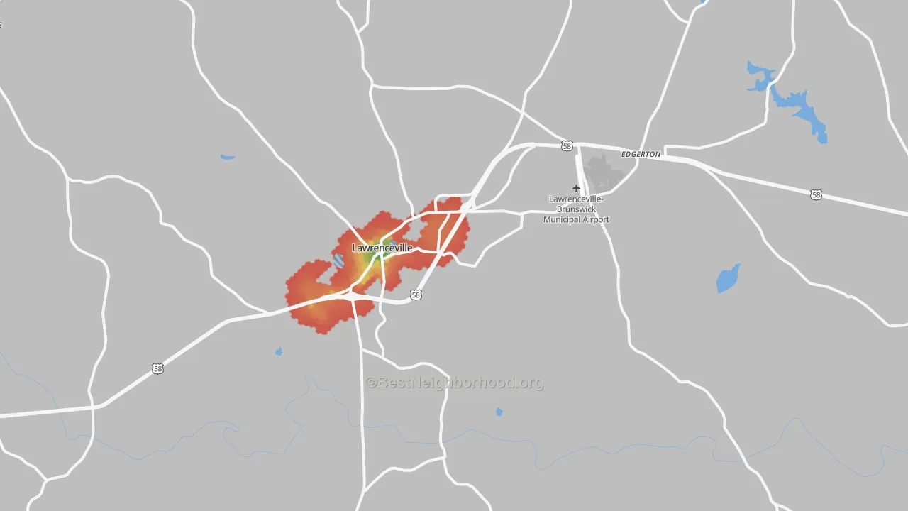 Walk Grade map of 23868, VA, walkable areas in green and car-dependent areas in red