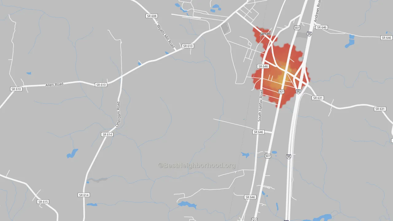 Walk Grade map of 23870, VA, walkable areas in green and car-dependent areas in red