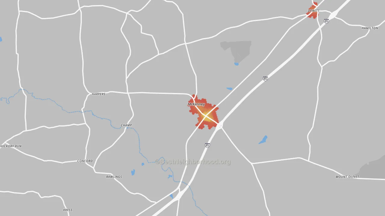 Walk Grade map of 23872, VA, walkable areas in green and car-dependent areas in red