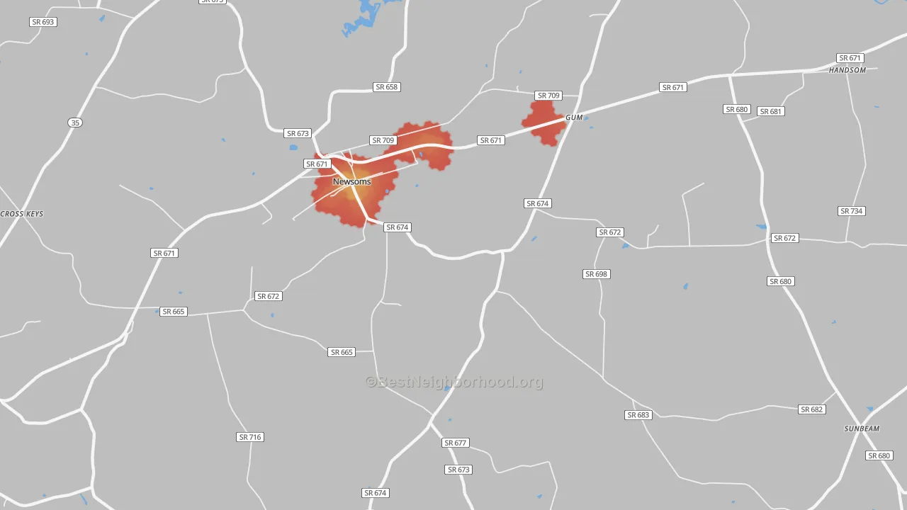 Walk Grade map of 23874, VA, walkable areas in green and car-dependent areas in red