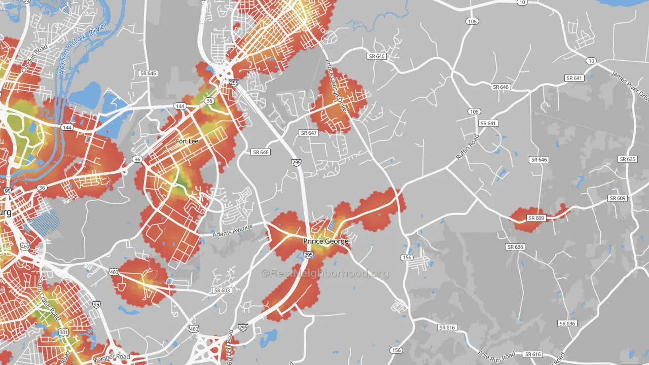 Walk Grade map of 23875, VA, walkable areas in green and car-dependent areas in red