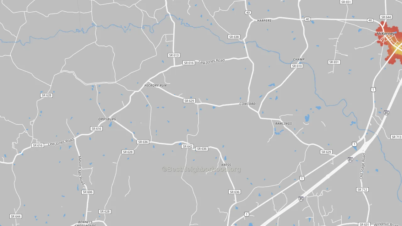 Walk Grade map of 23876, VA, walkable areas in green and car-dependent areas in red