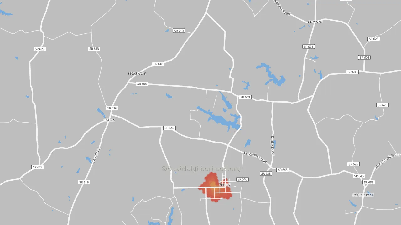 Walk Grade map of 23878, VA, walkable areas in green and car-dependent areas in red