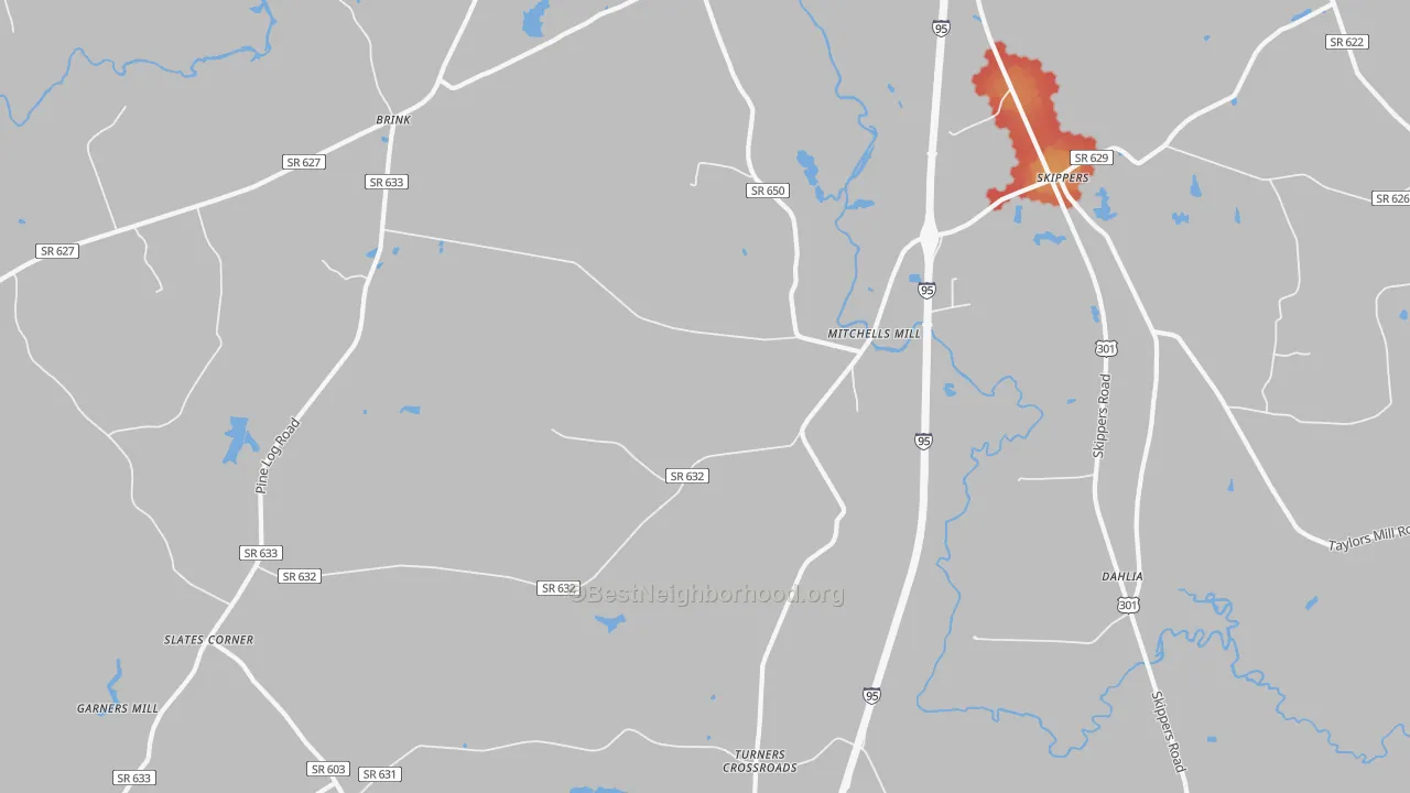 Walk Grade map of 23879, VA, walkable areas in green and car-dependent areas in red