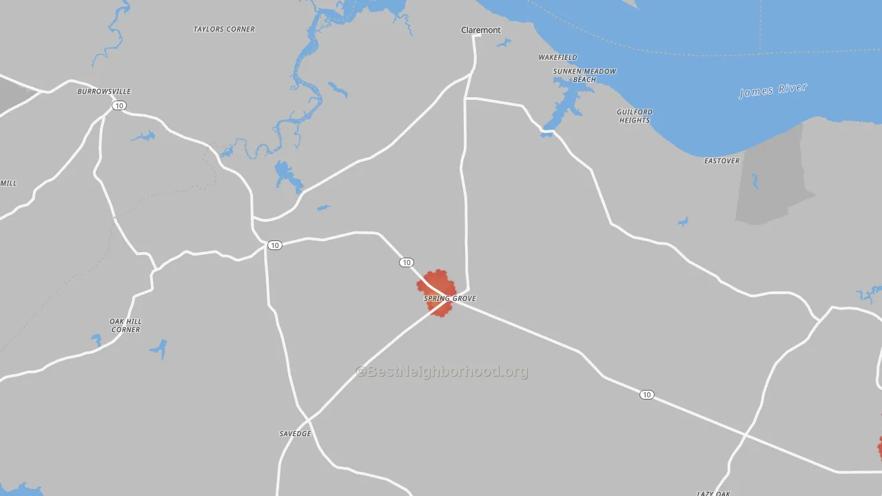 Walk Grade map of 23881, VA, walkable areas in green and car-dependent areas in red