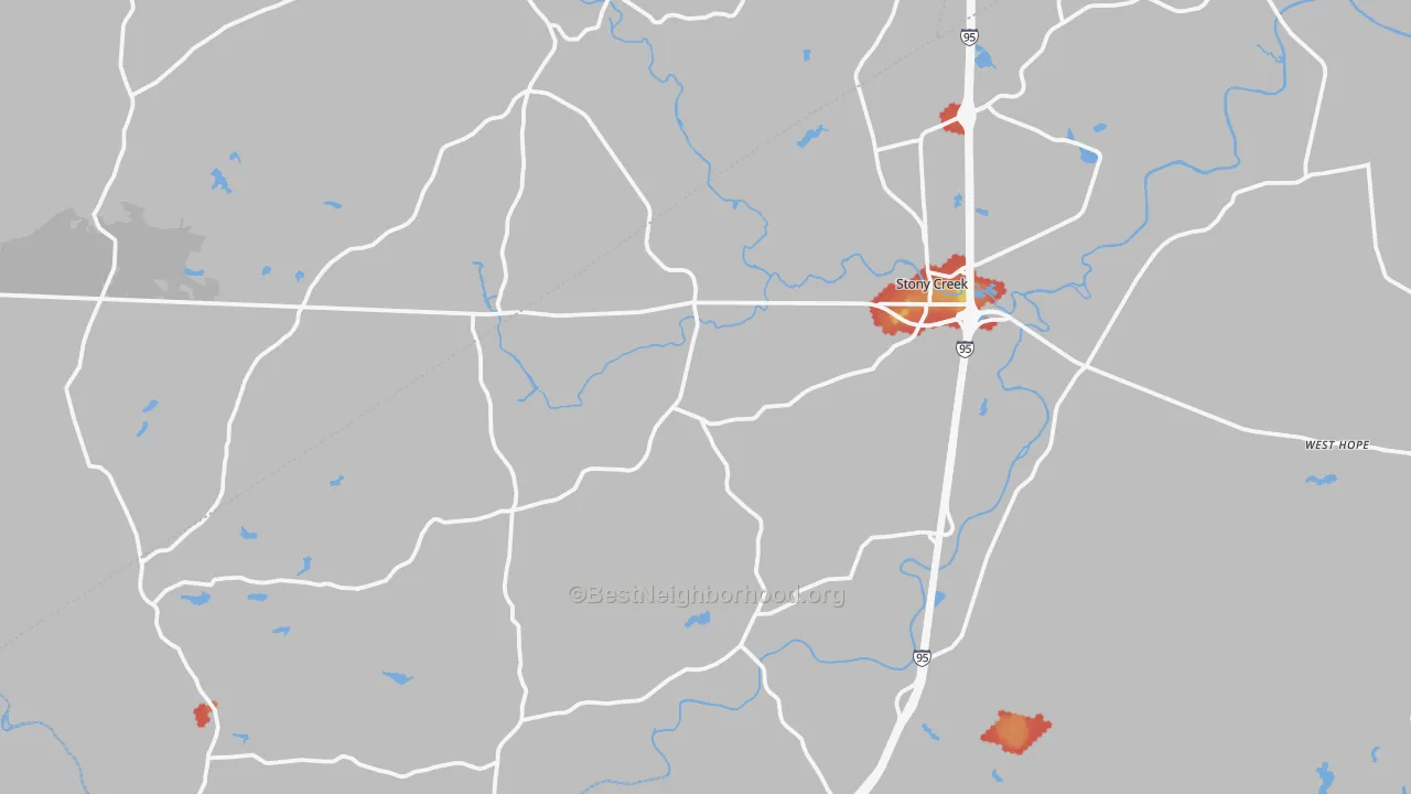 Walk Grade map of 23882, VA, walkable areas in green and car-dependent areas in red