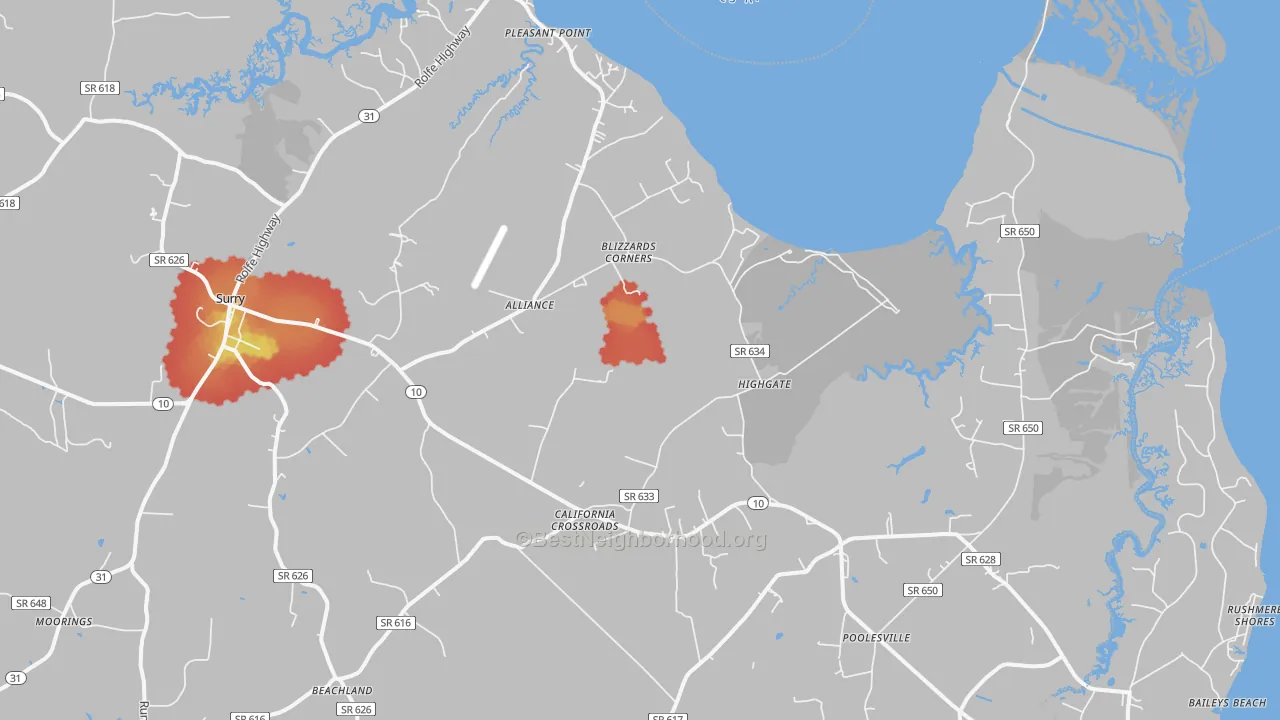 Walk Grade map of 23883, VA, walkable areas in green and car-dependent areas in red