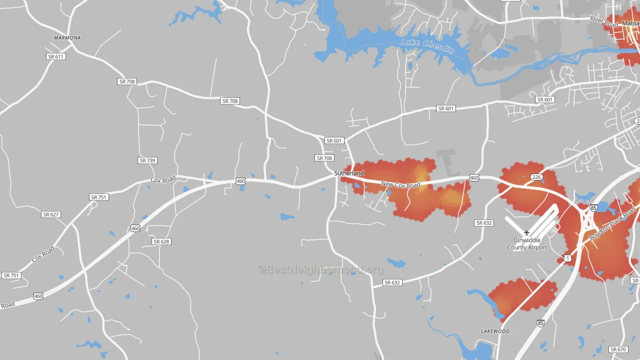 Walk Grade map of 23885, VA, walkable areas in green and car-dependent areas in red
