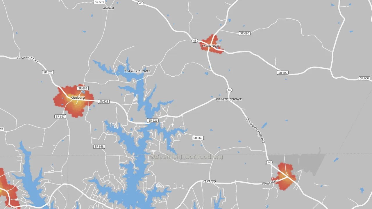 Walk Grade map of 23887, VA, walkable areas in green and car-dependent areas in red