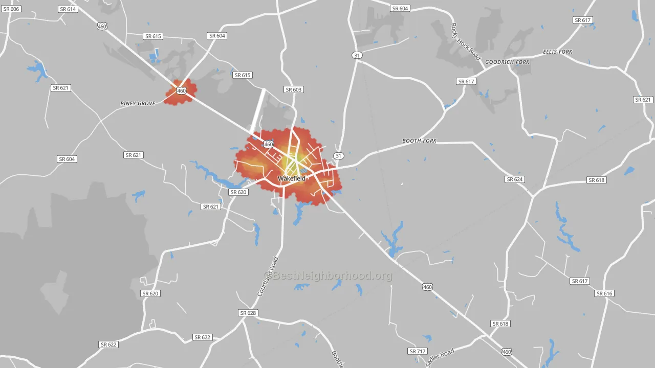 Walk Grade map of 23888, VA, walkable areas in green and car-dependent areas in red