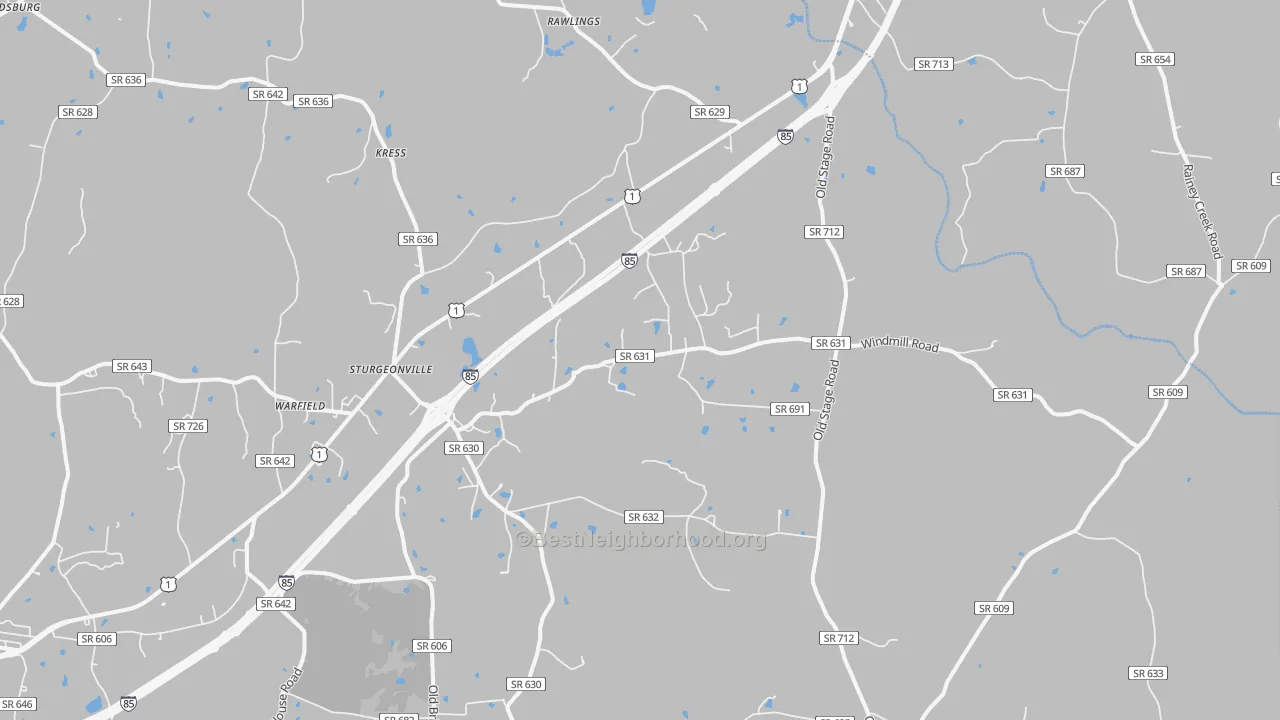 Walk Grade map of 23889, VA, walkable areas in green and car-dependent areas in red