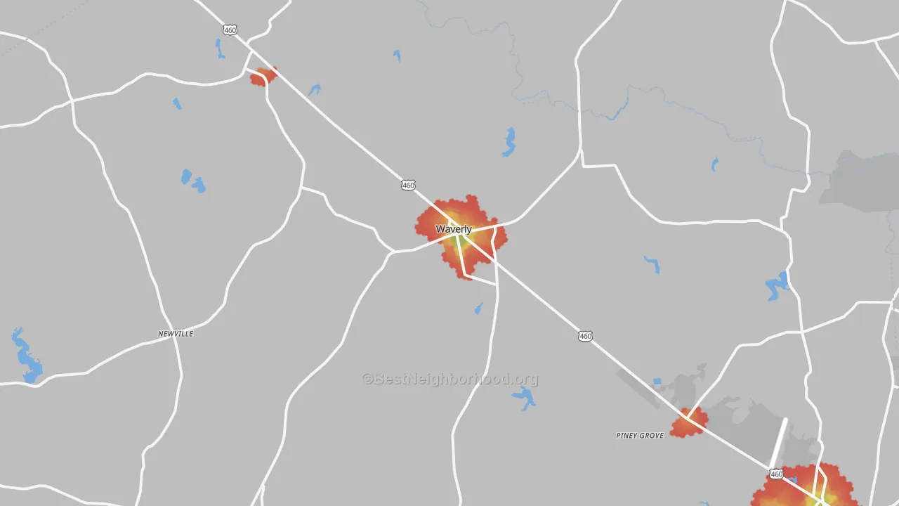 Walk Grade map of 23890, VA, walkable areas in green and car-dependent areas in red
