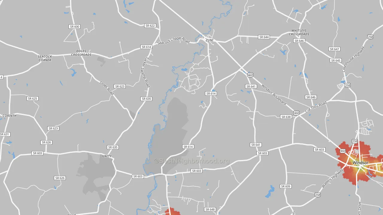 Walk Grade map of 23898, VA, walkable areas in green and car-dependent areas in red