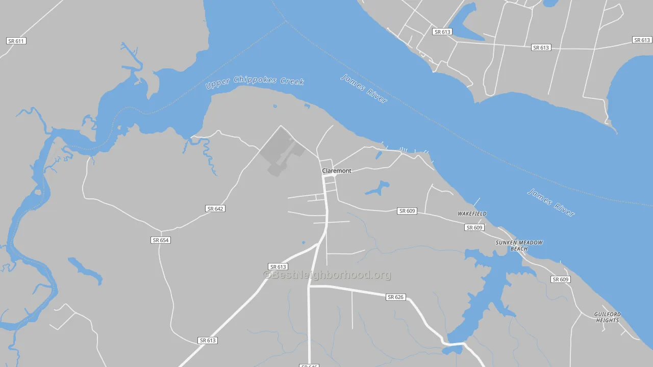 Walk Grade map of 23899, VA, walkable areas in green and car-dependent areas in red