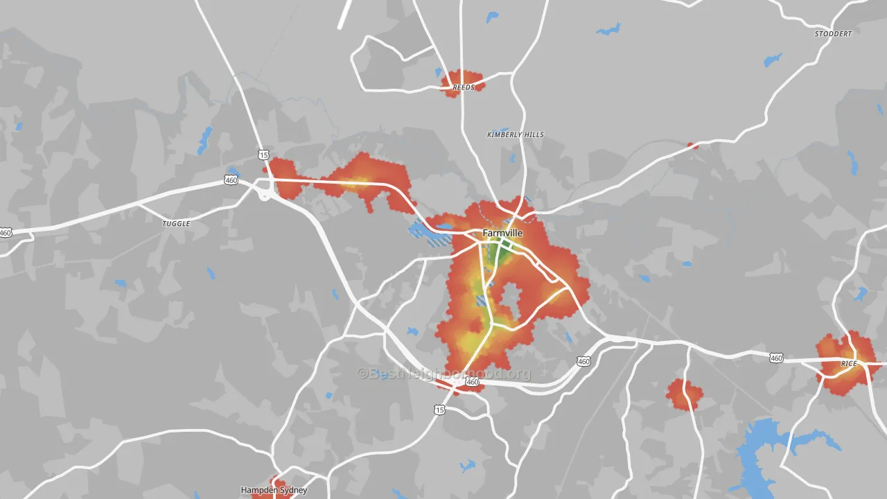 Walk Grade map of 23901, VA, walkable areas in green and car-dependent areas in red
