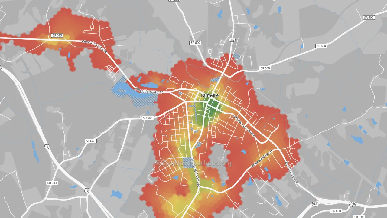 Walk Grade map of 23909, VA, walkable areas in green and car-dependent areas in red