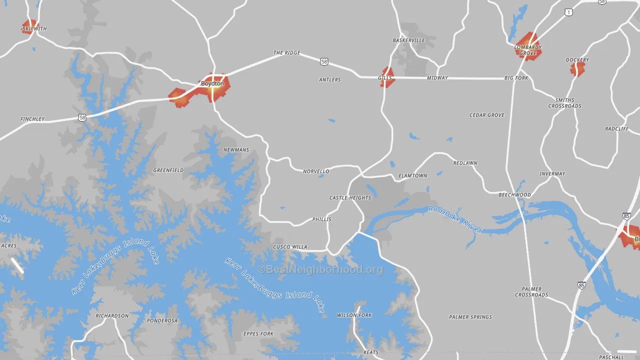 Walk Grade map of 23917, VA, walkable areas in green and car-dependent areas in red