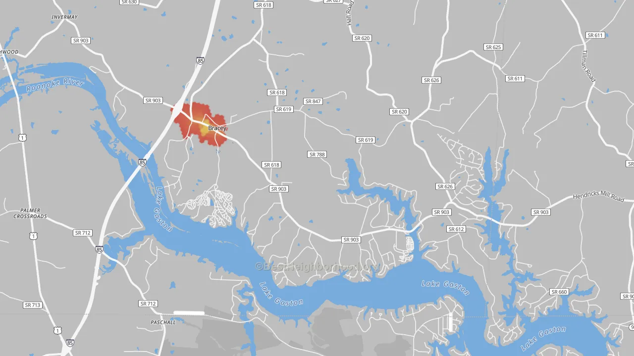 Walk Grade map of 23919, VA, walkable areas in green and car-dependent areas in red