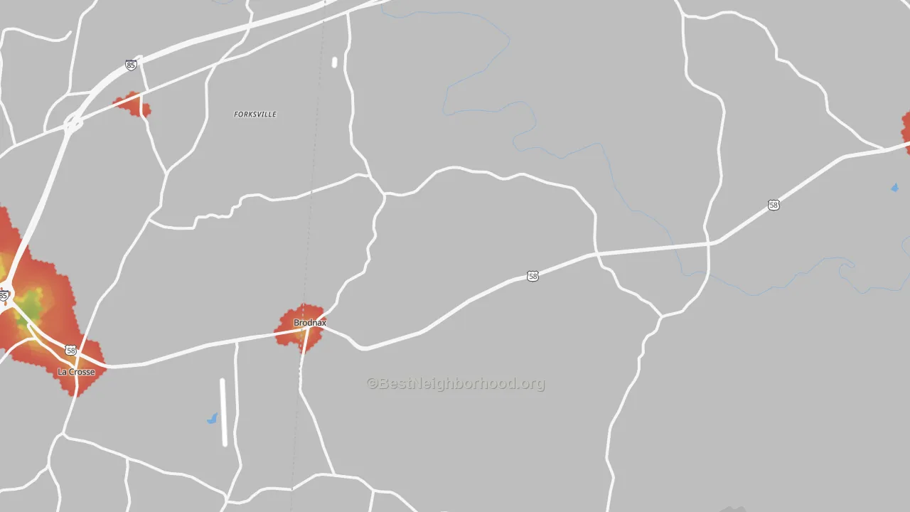 Walk Grade map of 23920, VA, walkable areas in green and car-dependent areas in red
