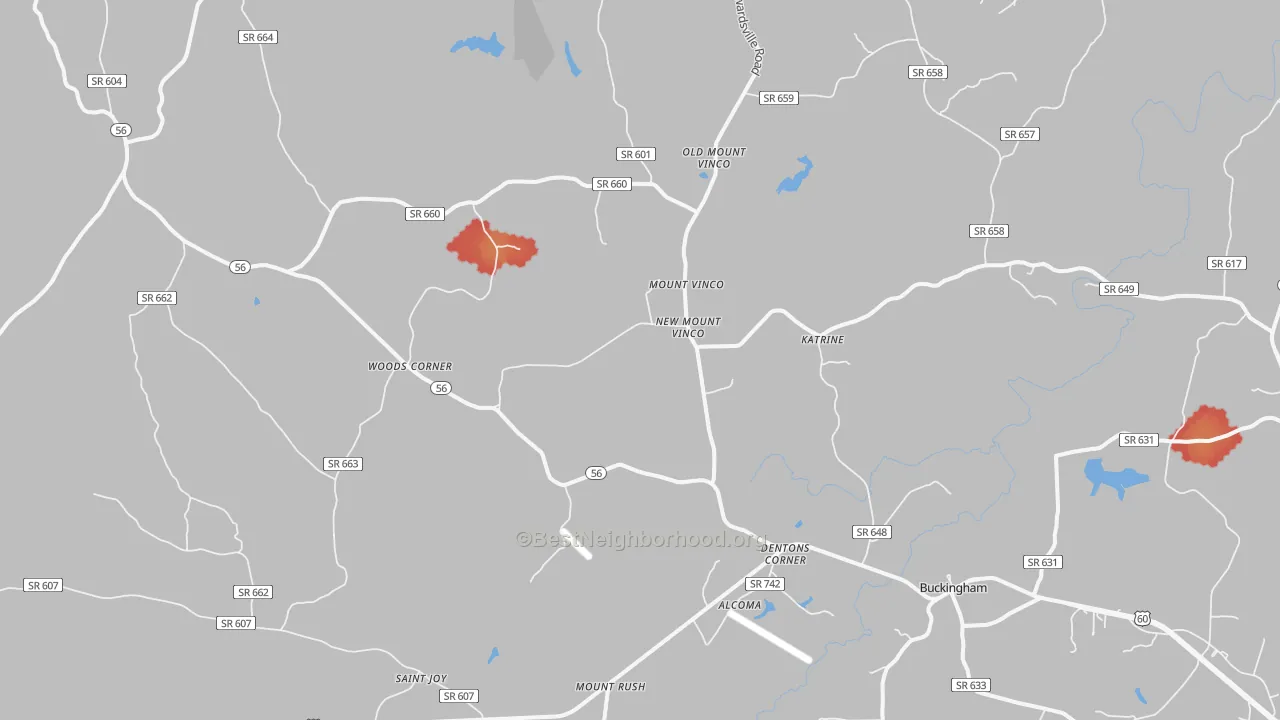 Walk Grade map of 23921, VA, walkable areas in green and car-dependent areas in red