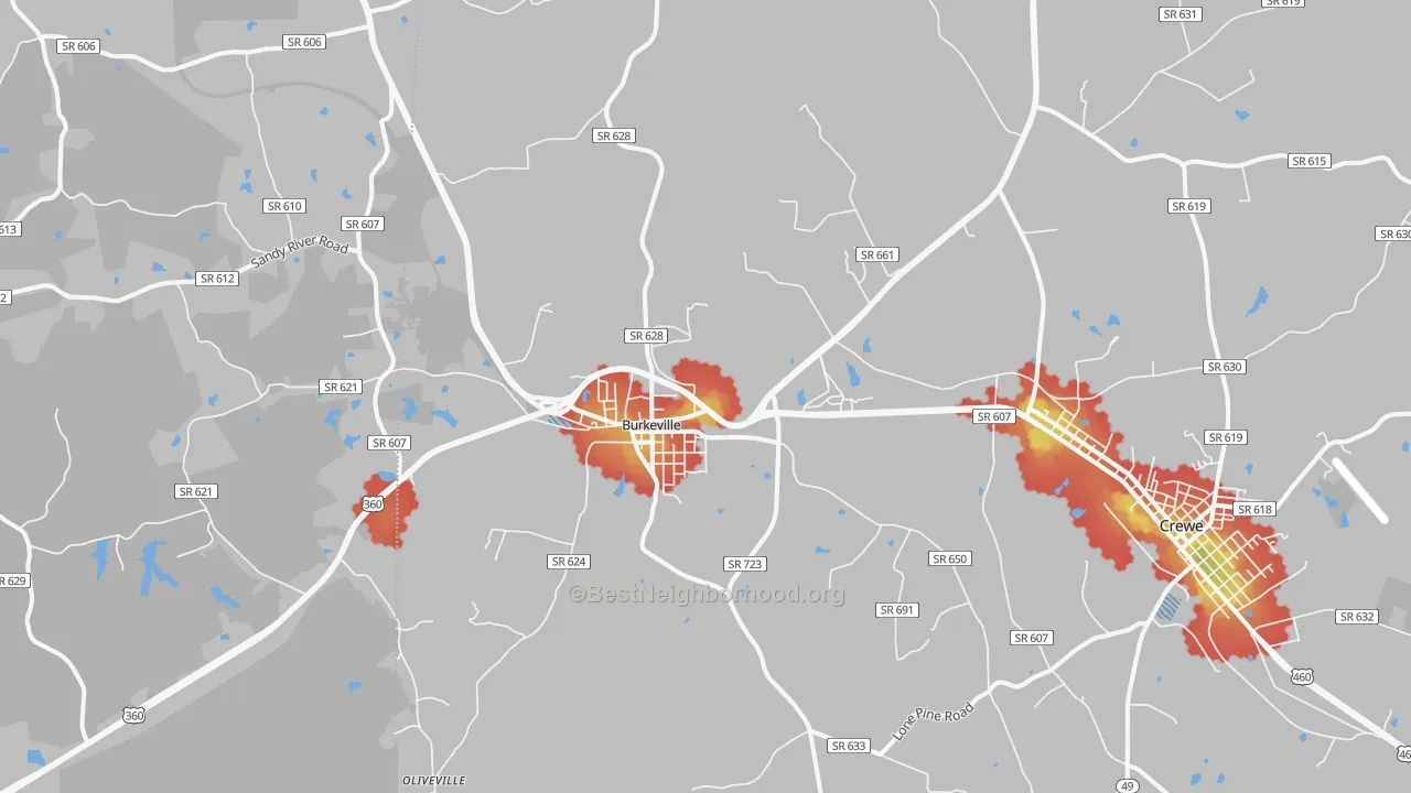 Walk Grade map of 23922, VA, walkable areas in green and car-dependent areas in red