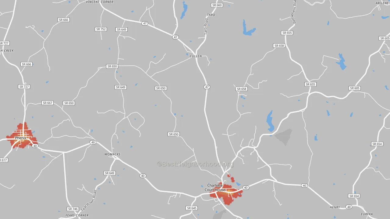 Walk Grade map of 23923, VA, walkable areas in green and car-dependent areas in red