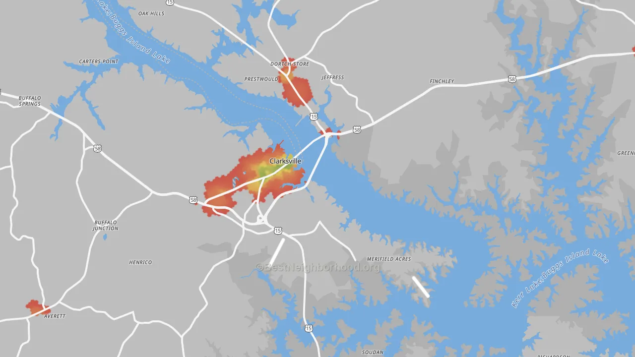 Walk Grade map of 23927, VA, walkable areas in green and car-dependent areas in red