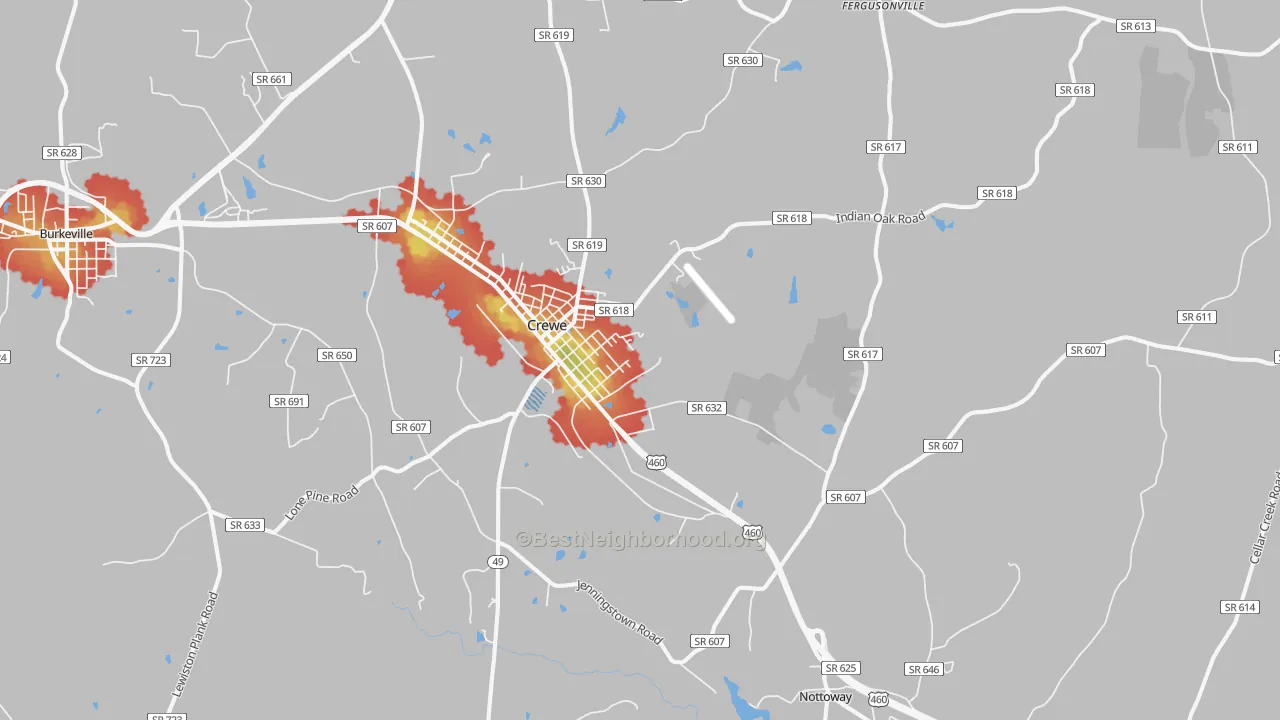 Walk Grade map of 23930, VA, walkable areas in green and car-dependent areas in red