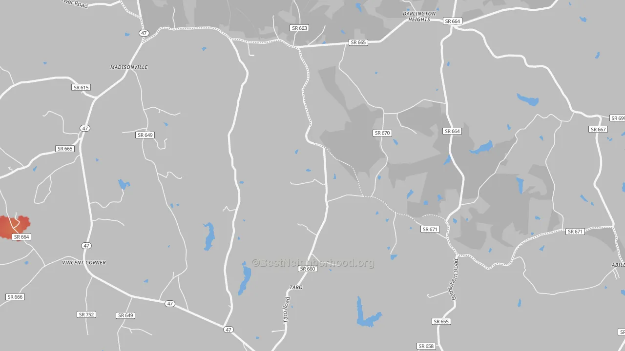 Walk Grade map of 23934, VA, walkable areas in green and car-dependent areas in red